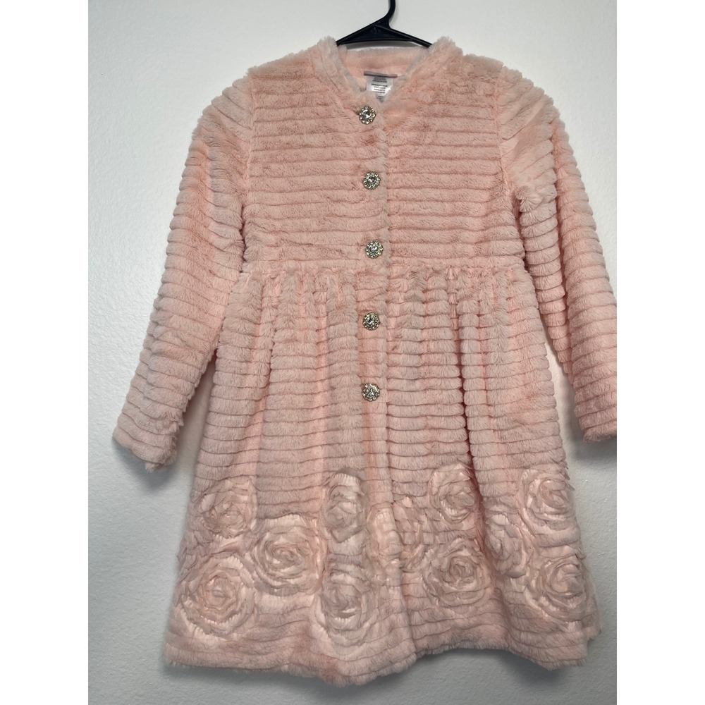 Blueberi Boulevard Girls Pink Faux Fur Rosette Button Front Dress Coat BBHGH64 - Picture 11 of 12
